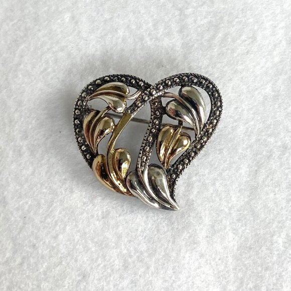 Sterling Silver 925 Mixed Metal Gold Vermeil Foliage Leaf Floral Heart Brooch - Picture 2 of 16